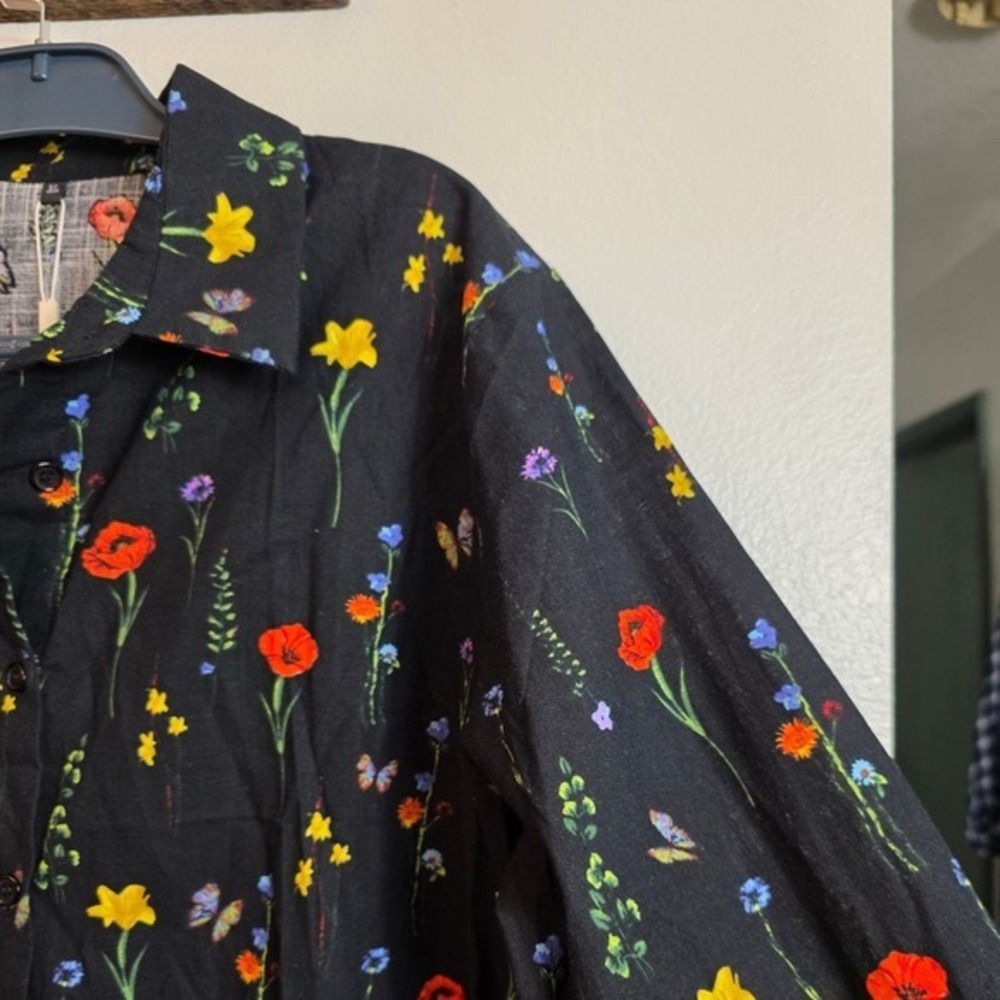 Unbranded Button-Up Blouse Women XL Black Floral Butterfly Pleated Babydoll Back - Picture 9 of 14